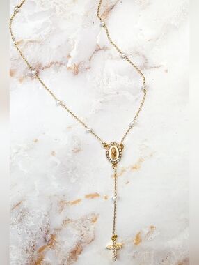 18K Gold Virgin Mary Rosary Y-Necklace Zircon Cross & Pearl Accents NEW